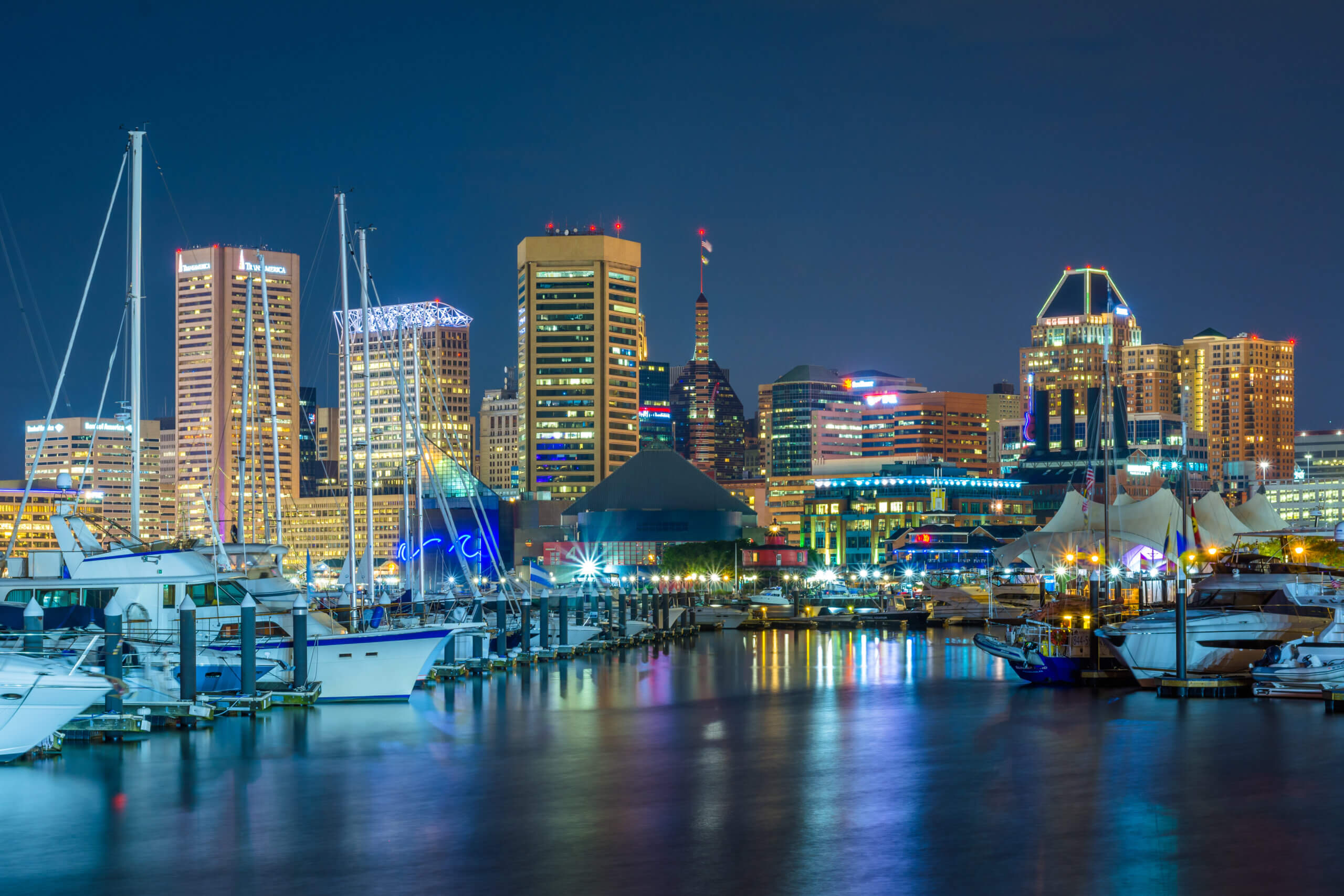 Baltimore Inner Harbor and marina at night, in Baltimore, Maryland